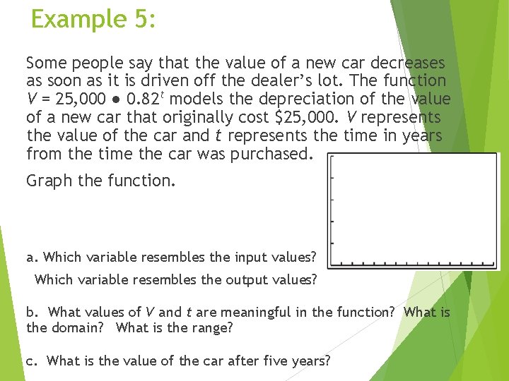 Example 5: Some people say that the value of a new car decreases as