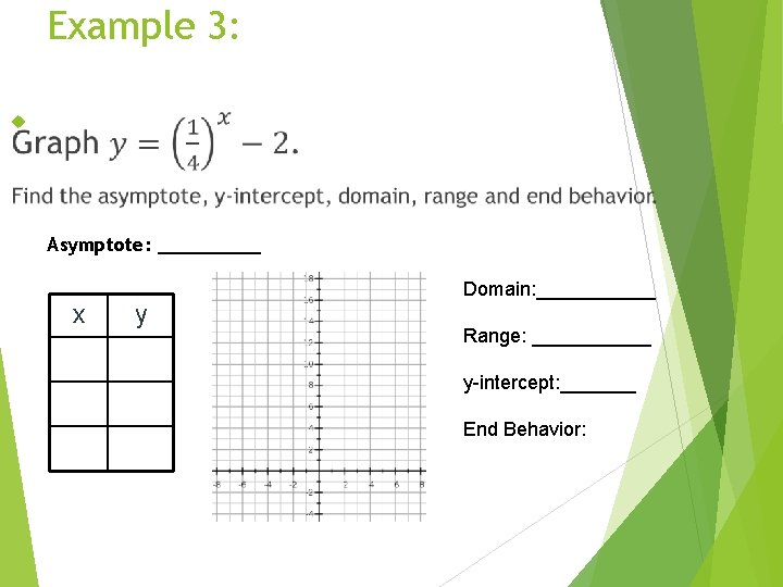 Example 3: Asymptote: _____ x y Domain: ______ Range: ______ y-intercept: _______ End Behavior: