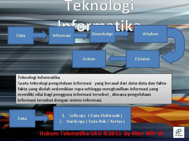 Data Teknologi Informatika Informasi Knowledge Action Wisdom Dicision Teknologi Informatika Suatu teknologi pengelolaan informasi