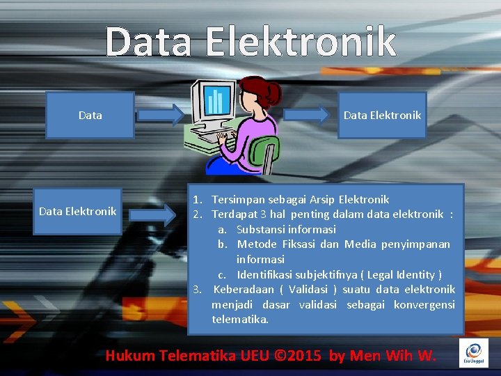 Data Elektronik 1. Tersimpan sebagai Arsip Elektronik 2. Terdapat 3 hal penting dalam data