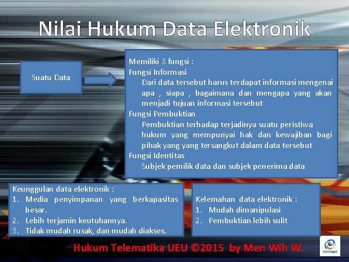 Nilai Hukum Data Elektronik Suatu Data Memiliki 3 fungsi : Fungsi Informasi Dari data