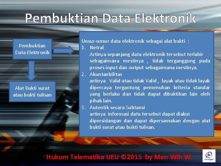 Pembuktian Data Elektronik Alat Bukti surat atau bukti tulisan Unsur-unsur data elektronik sebagai alat