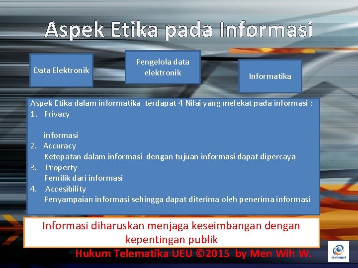 Aspek Etika pada Informasi Data Elektronik Pengelola data elektronik Informatika Aspek Etika dalam informatika