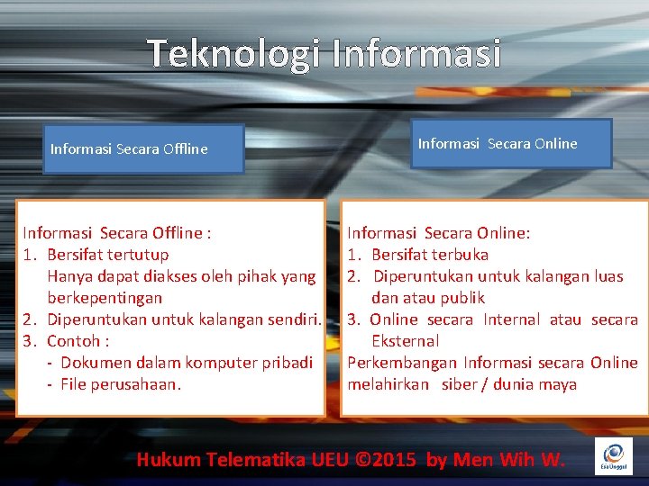 Teknologi Informasi Secara Offline : 1. Bersifat tertutup Hanya dapat diakses oleh pihak yang