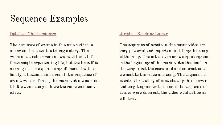 Sequence Examples Ophelia - The Lumineers Alright - Kendrick Lamar The sequence of events