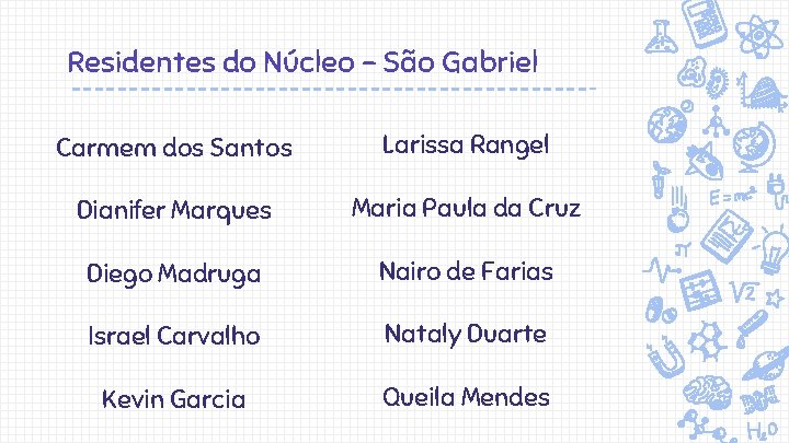 Residentes do Núcleo – São Gabriel Carmem dos Santos Larissa Rangel Dianifer Marques Maria