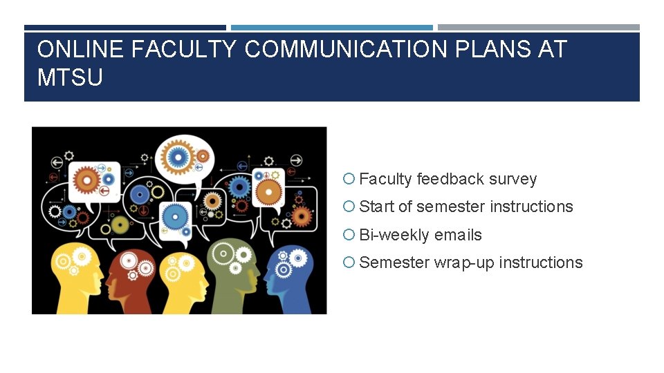 ONLINE FACULTY COMMUNICATION PLANS AT MTSU Faculty feedback survey Start of semester instructions Bi-weekly