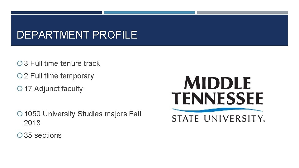 DEPARTMENT PROFILE 3 Full time tenure track 2 Full time temporary 17 Adjunct faculty
