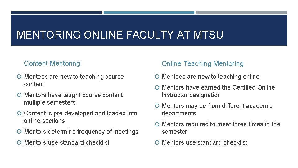 MENTORING ONLINE FACULTY AT MTSU Content Mentoring Mentees are new to teaching course content
