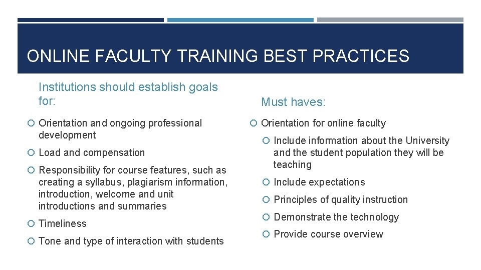 ONLINE FACULTY TRAINING BEST PRACTICES Institutions should establish goals for: Orientation and ongoing professional