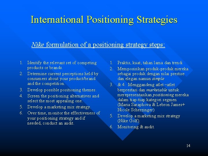 International Positioning Strategies Nike formulation of a positioning strategy steps: 1. Identify the relevant
