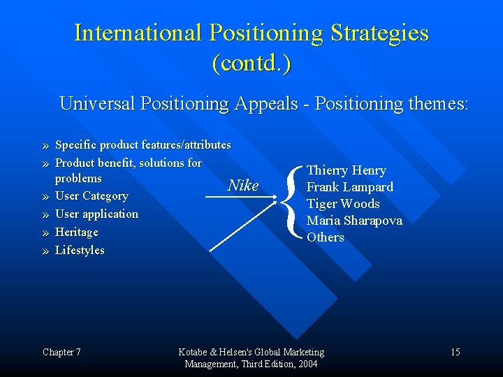 International Positioning Strategies (contd. ) Universal Positioning Appeals - Positioning themes: » Specific product