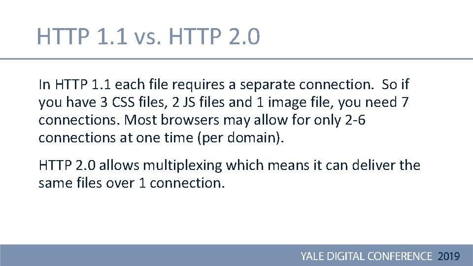 HTTP 1. 1 vs. HTTP 2. 0 In HTTP 1. 1 each file requires