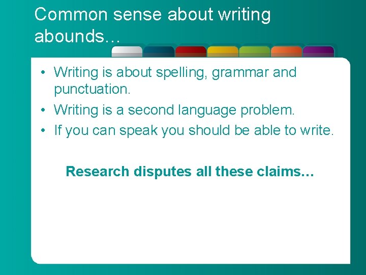 Common sense about writing abounds… • Writing is about spelling, grammar and punctuation. •
