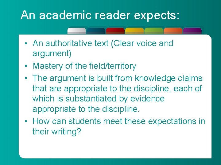 An academic reader expects: • An authoritative text (Clear voice and argument) • Mastery