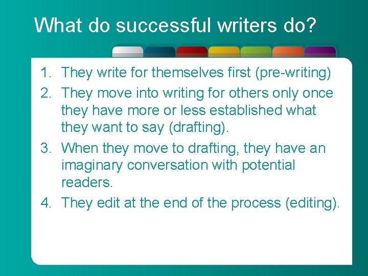 What do successful writers do? 1. They write for themselves first (pre-writing) 2. They
