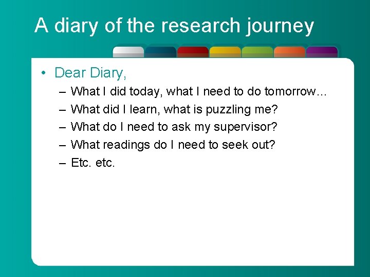 A diary of the research journey • Dear Diary, – – – What I