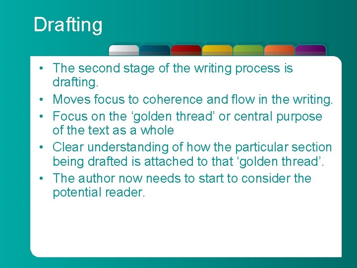 Drafting • The second stage of the writing process is drafting. • Moves focus