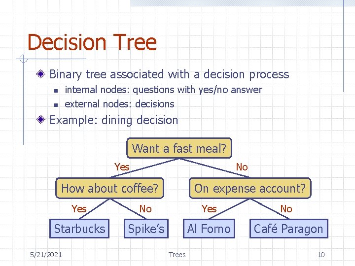 Decision Tree Binary tree associated with a decision process internal nodes: questions with yes/no