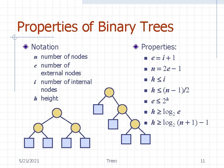 Properties of Binary Trees Notation Properties: n e = i + 1 n n