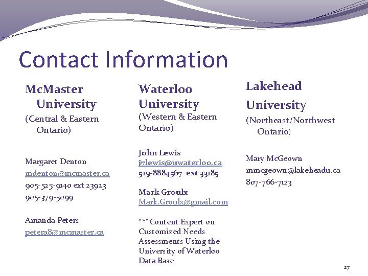 Contact Information Mc. Master University (Central & Eastern Ontario) Margaret Denton mdenton@mcmaster. ca 905
