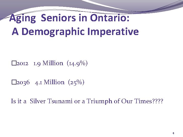 Aging Seniors in Ontario: A Demographic Imperative � 2012 1. 9 Million (14. 9%)