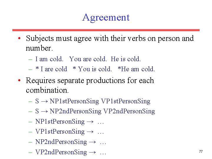 Agreement • Subjects must agree with their verbs on person and number. – I