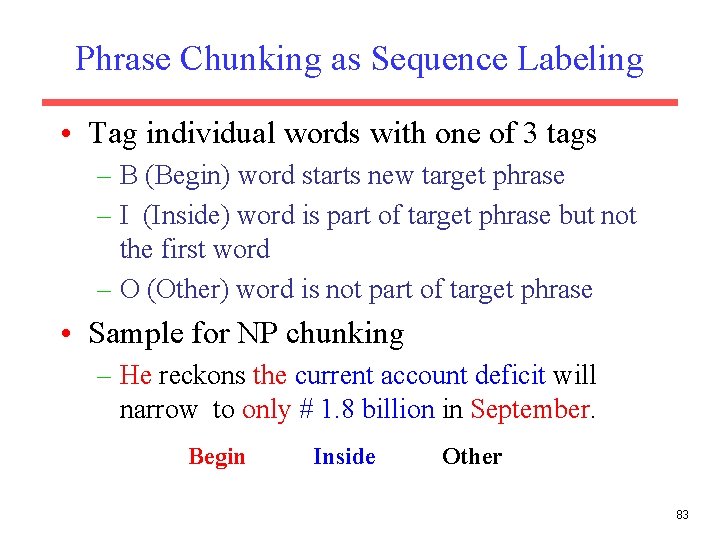 Phrase Chunking as Sequence Labeling • Tag individual words with one of 3 tags