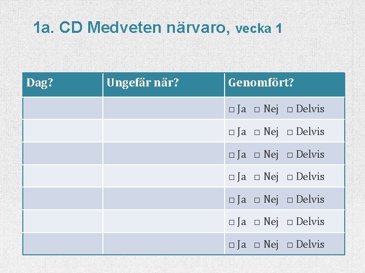 1 a. CD Medveten närvaro, vecka 1 Dag? Ungefär när? Genomfört? □ Ja □