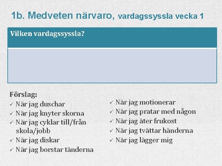 1 b. Medveten närvaro, vardagssyssla vecka 1 Vilken vardagssyssla? Förslag: ü När jag duschar