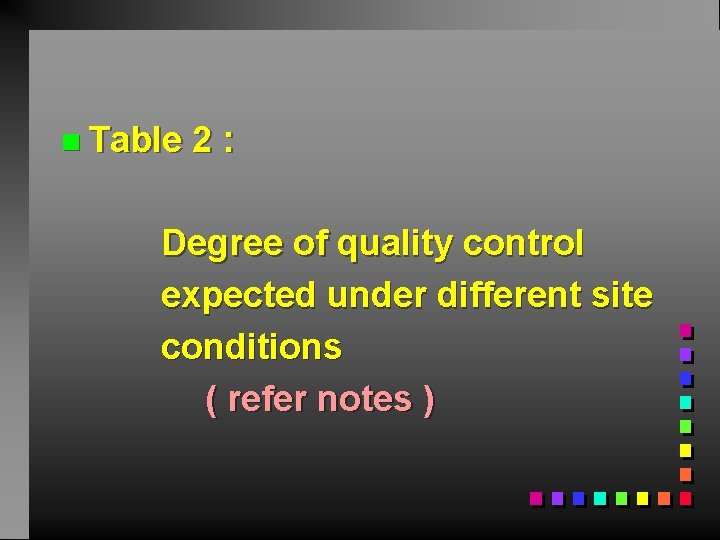 n Table 2: Degree of quality control expected under different site conditions ( refer