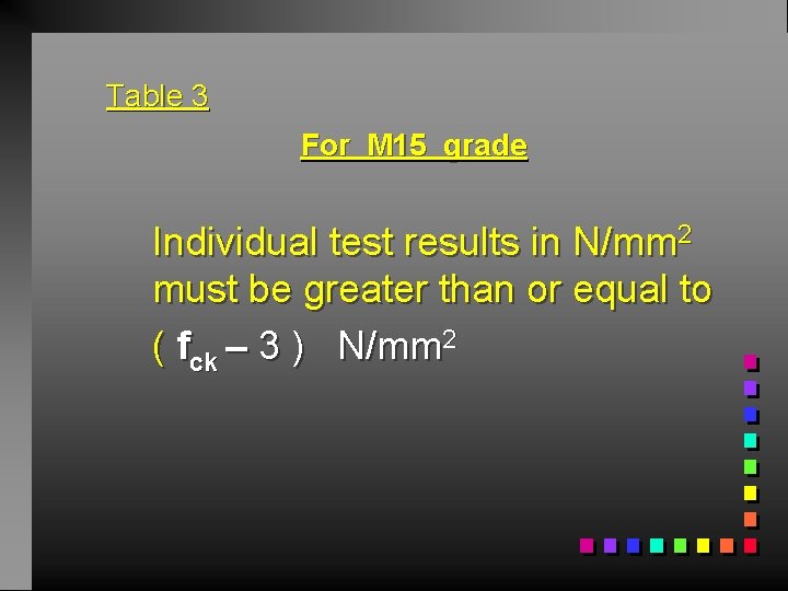 Table 3 For M 15 grade Individual test results in N/mm 2 must be