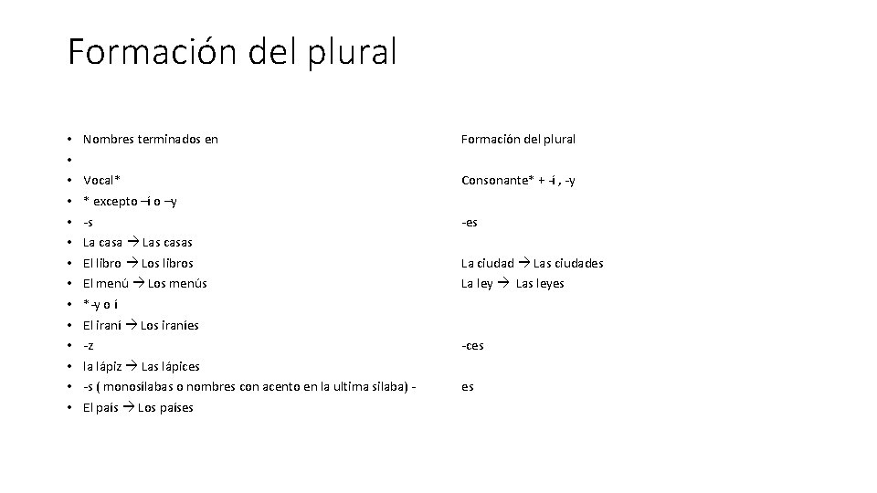 Formación del plural • • • • Nombres terminados en Formación del plural Vocal*