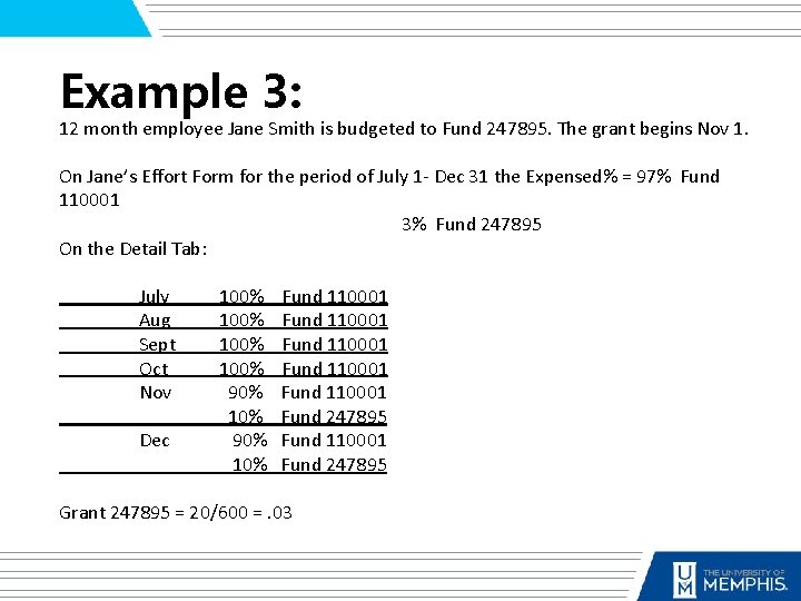 Example 3: 12 month employee Jane Smith is budgeted to Fund 247895. The grant