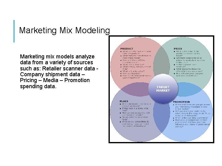 Marketing Mix Modeling Marketing mix models analyze data from a variety of sources such