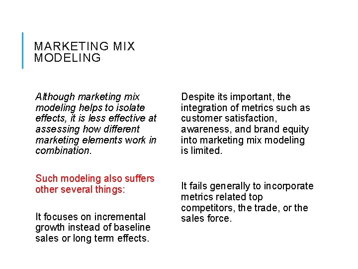 MARKETING MIX MODELING Although marketing mix modeling helps to isolate effects, it is less