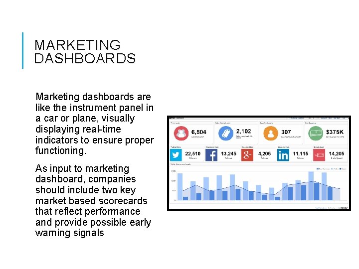MARKETING DASHBOARDS Marketing dashboards are like the instrument panel in a car or plane,