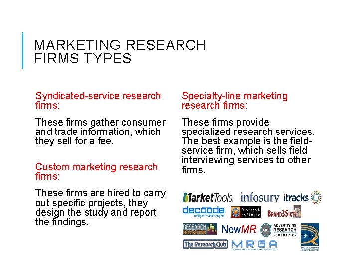 MARKETING RESEARCH FIRMS TYPES Syndicated-service research firms: Specialty-line marketing research firms: These firms gather