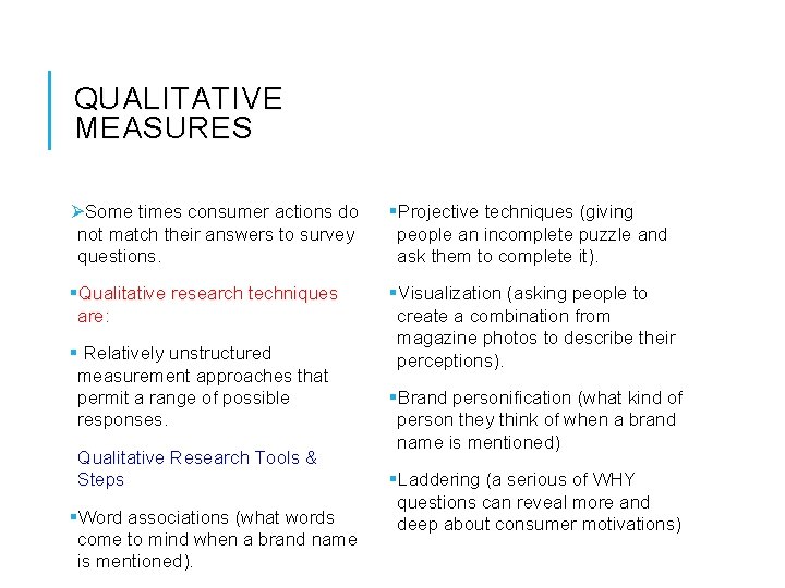 QUALITATIVE MEASURES ØSome times consumer actions do not match their answers to survey questions.