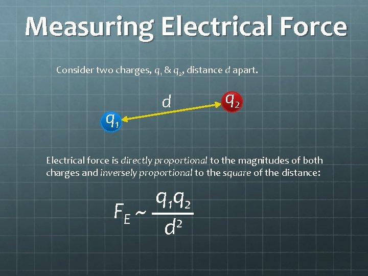 Measuring Electrical Force Consider two charges, q 1 & q 2, distance d apart.