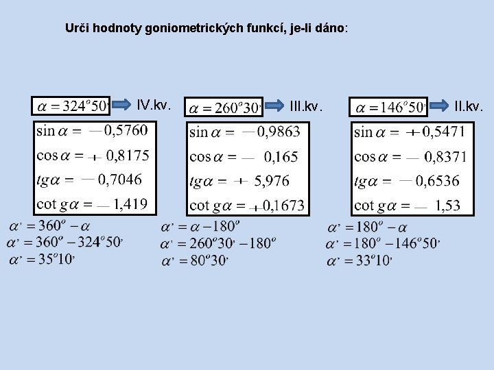 Urči hodnoty goniometrických funkcí, je-li dáno: IV. kv. III. kv. 