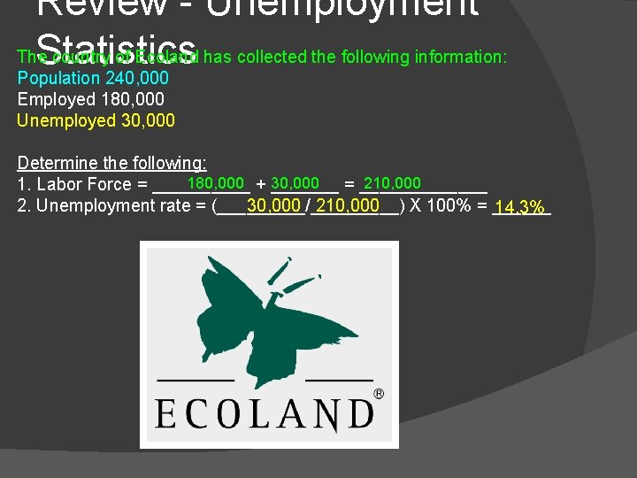 Review - Unemployment The country of Ecoland has collected the following information: Statistics Population
