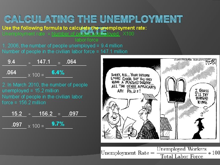 CALCULATING THE UNEMPLOYMENT Use the following formula to calculate the unemployment rate: RATE Unemployment