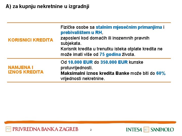 A) za kupnju nekretnine u izgradnji KORISNICI KREDITA Fizičke osobe sa stalnim mjesečnim primanjima A) za kupnju nekretnine u izgradnji KORISNICI KREDITA Fizičke osobe sa stalnim mjesečnim primanjima