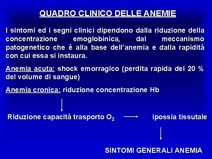 QUADRO CLINICO DELLE ANEMIE I sintomi ed i segni clinici dipendono dalla riduzione della