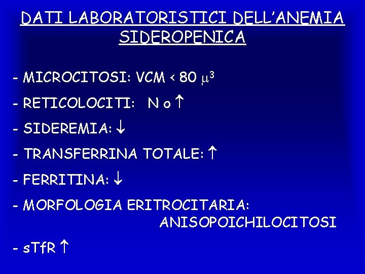DATI LABORATORISTICI DELL’ANEMIA SIDEROPENICA - MICROCITOSI: VCM < 80 3 - RETICOLOCITI: N o
