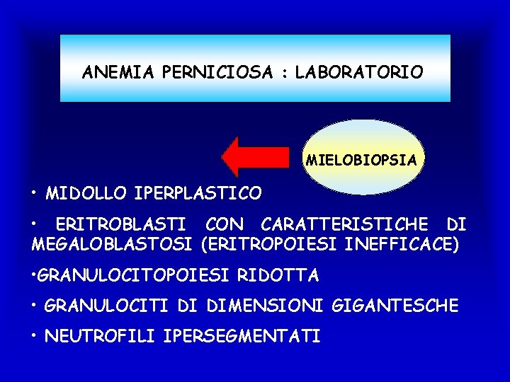 ANEMIA PERNICIOSA : LABORATORIO MIELOBIOPSIA • MIDOLLO IPERPLASTICO • ERITROBLASTI CON CARATTERISTICHE DI MEGALOBLASTOSI