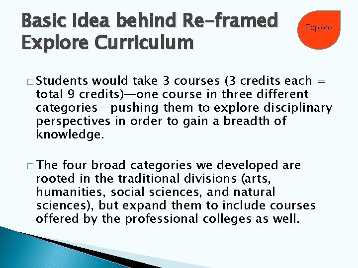 Basic Idea behind Re-framed Explore Curriculum Explore � Students would take 3 courses (3