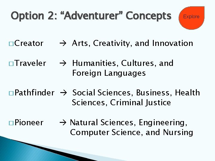 Option 2: “Adventurer” Concepts Explore � Creator Arts, Creativity, and Innovation � Traveler Humanities,