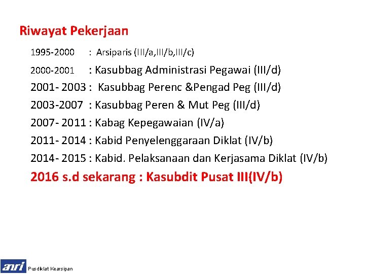 Riwayat Pekerjaan 1995 -2000 : Arsiparis (III/a, III/b, III/c) : Kasubbag Administrasi Pegawai (III/d)